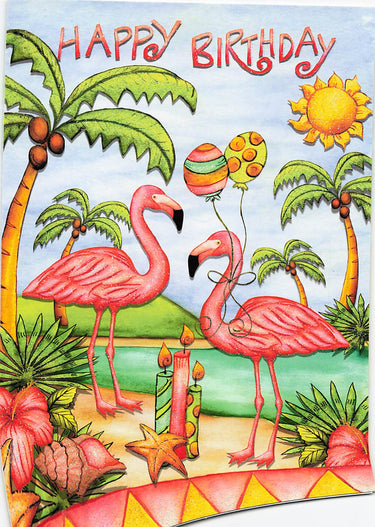 Greeting Card - Flamingos with balloons on beach